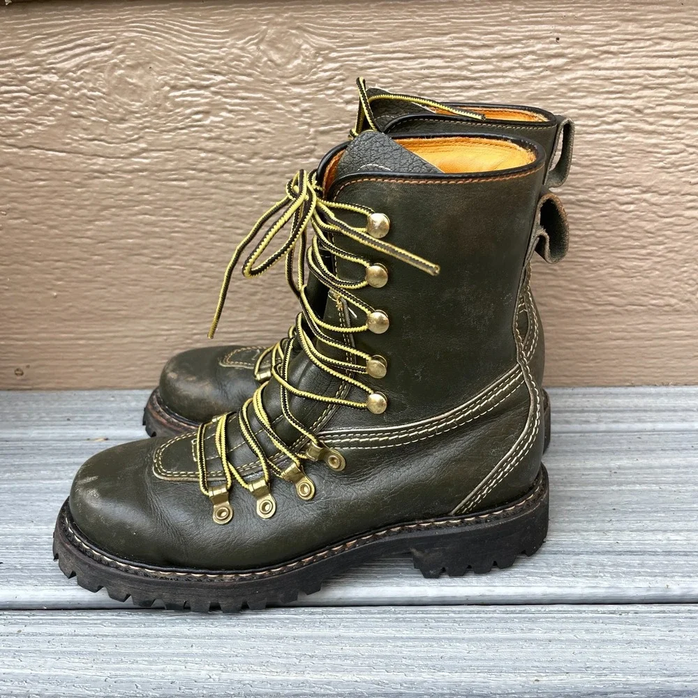 Herman Survivor Vintage 60s Boots Size 5 M/W Green Leather Logger  Vibram Soles